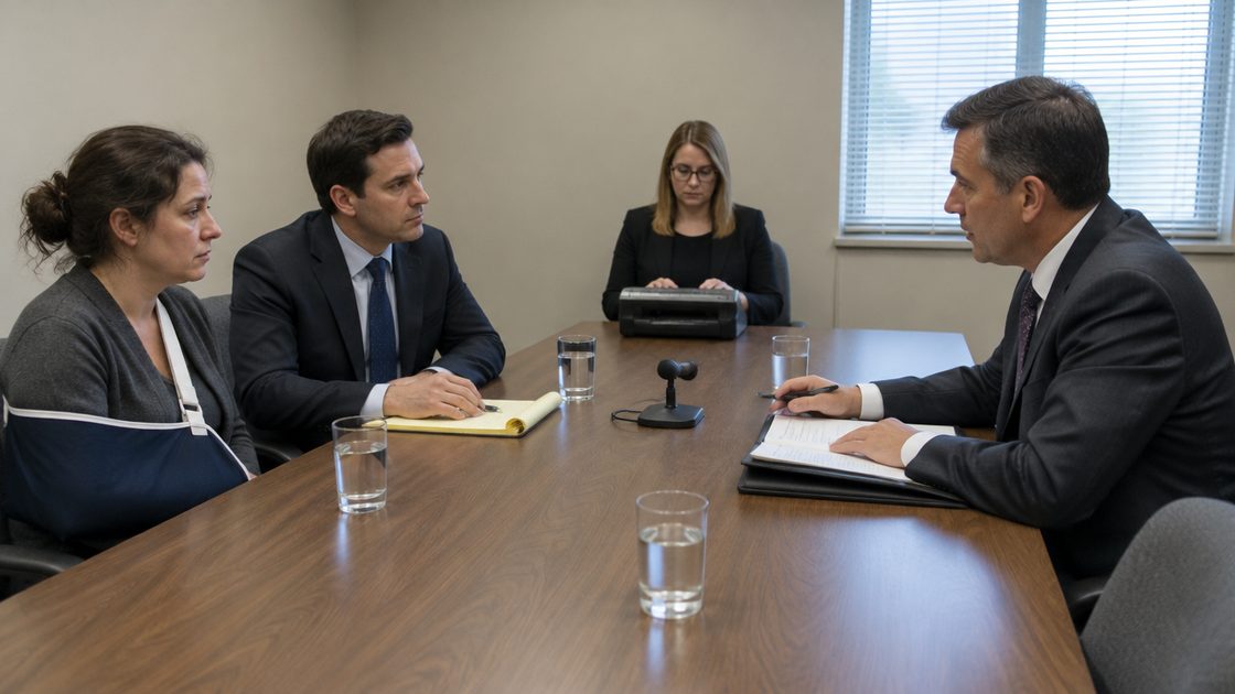 An injured woman with her arm in a sling sits beside her lawyer across from a city attorney asking questions, as a court reporter records the hearing