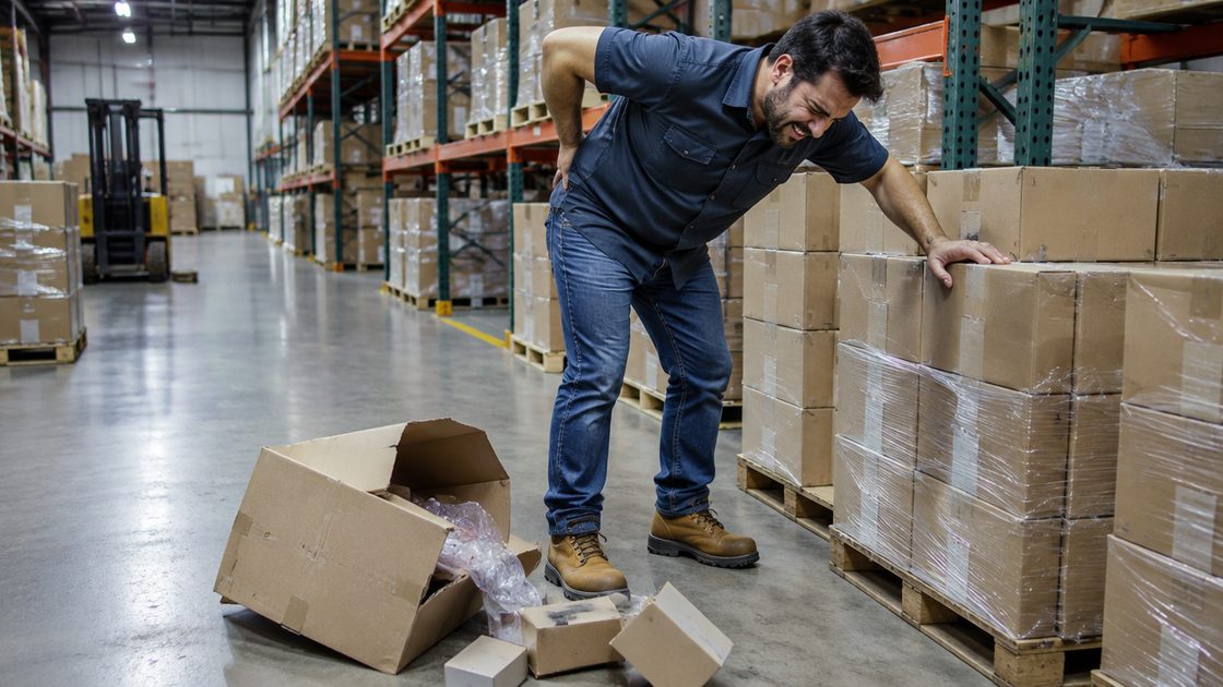 A warehouse worker bends over in pain with one hand on his lower back, beside a box that fell and split open on the floor