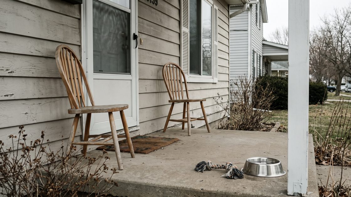 A front porch with two wooden chairs, a steel dog bowl and a rope toy beside the door