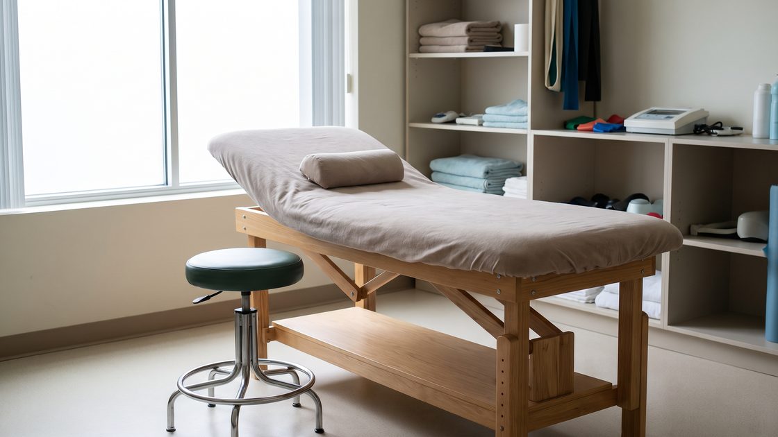 A physical therapy room with a padded treatment table, rolled support cushion and clinician's stool in soft daylight