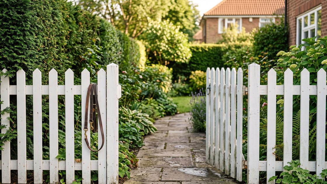 A residential front gate standing ajar on a suburban path, with a leash hanging on the fence