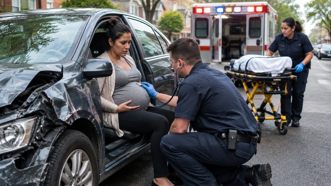 A pregnant woman sits in the open door of a crashed car as a paramedic checks her with a stethoscope and a second paramedic brings a stretcher from the ambulance