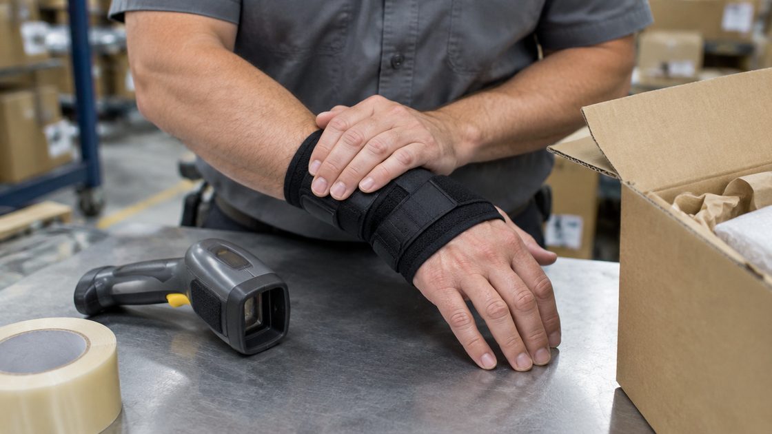 A worker's hand presses on a wrist brace at a packing table beside a barcode scanner and an open cardboard box