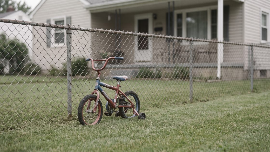 A child's bicycle with training wheels standing on a front lawn beside a chain-link fence