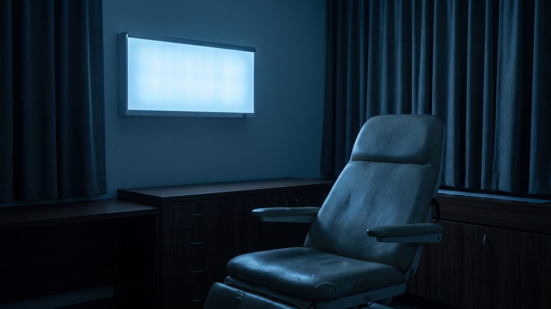 A darkened neurology consulting room with a light box and an empty examination chair