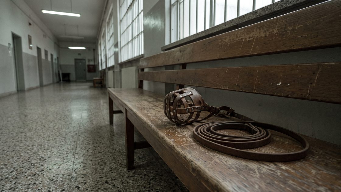 A leather dog muzzle and a coiled leash resting on a wooden bench in a municipal hallway