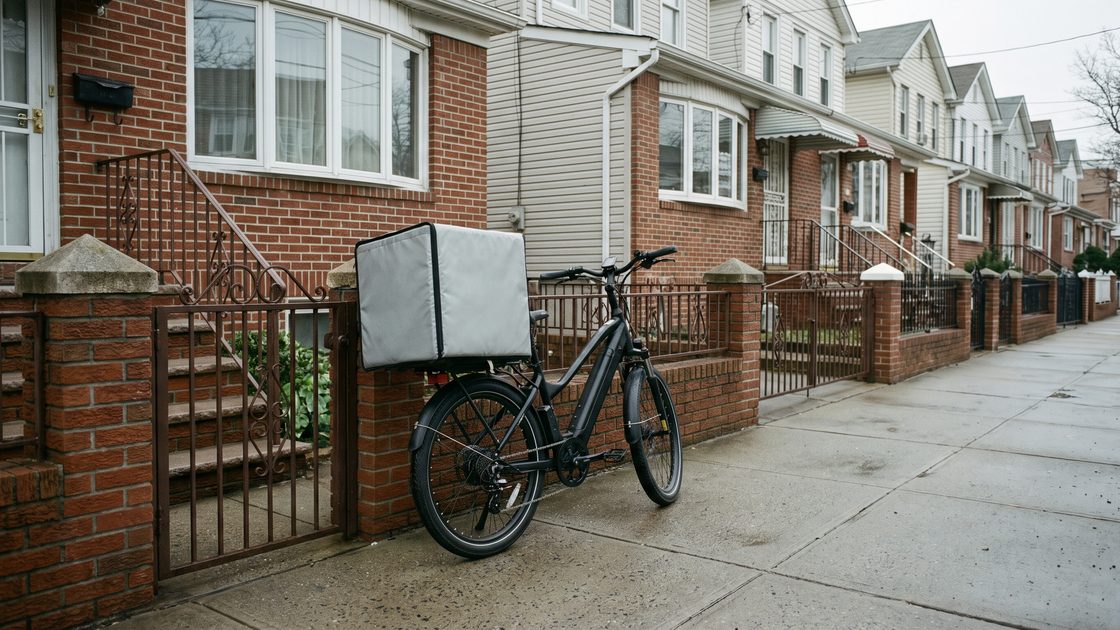 A delivery e-bike with an insulated delivery case parked at the iron gate of a brick rowhouse