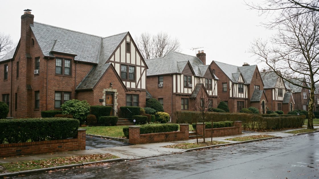 Tudor-style brick houses with trimmed hedges along a quiet residential street on an overcast day
