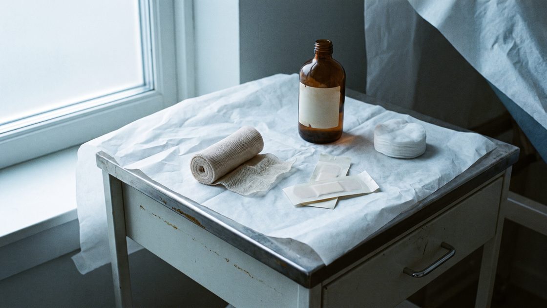 Gasa enrollada, algodones, vendas y un frasco sin etiqueta sobre una mesa de clínica cubierta con papel