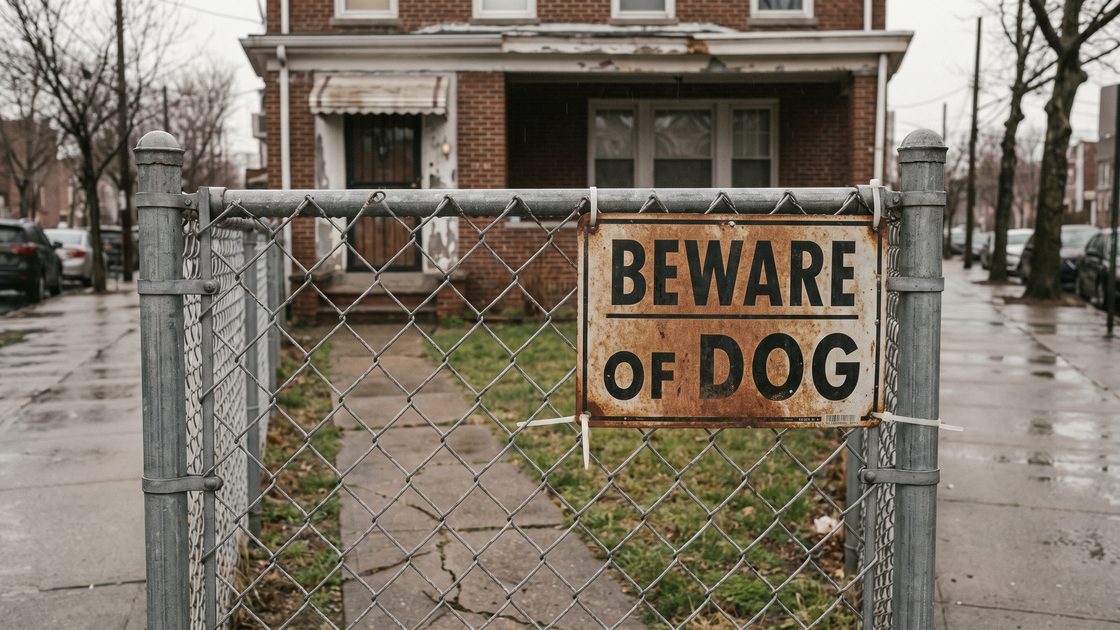 A worn Beware of Dog sign fastened to a chain-link fence in front of a brick house