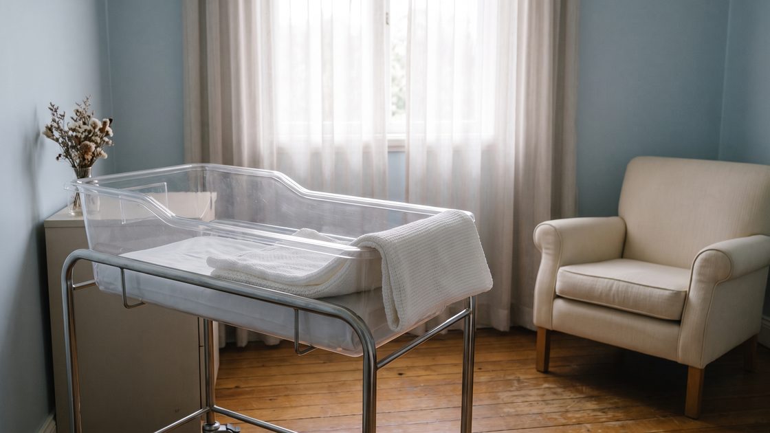 An empty hospital bassinet in a quiet maternity room lit by morning light