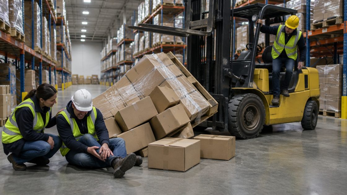 A warehouse worker sits on the floor holding his leg beside boxes that fell from a forklift's raised forks, as a coworker kneels next to him and the operator climbs down