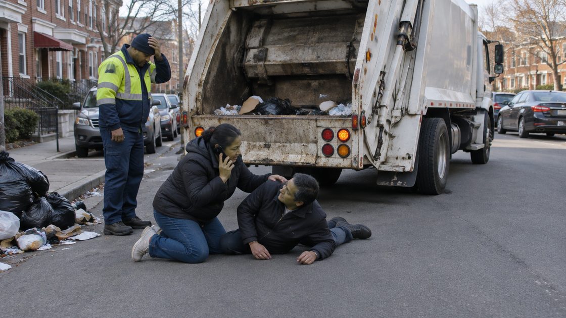 A pedestrian lies on a Queens street behind a garbage truck with its rear hopper open, as a bystander kneels beside him on the phone and the driver stands nearby