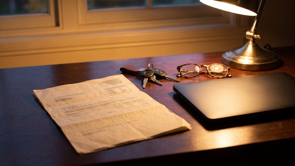 Folded insurance paperwork, car keys and reading glasses on a desk beside a closed laptop in lamplight