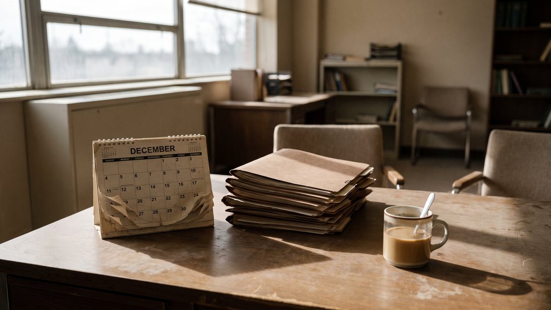 A desk calendar beside a stack of case folders and a cup of coffee