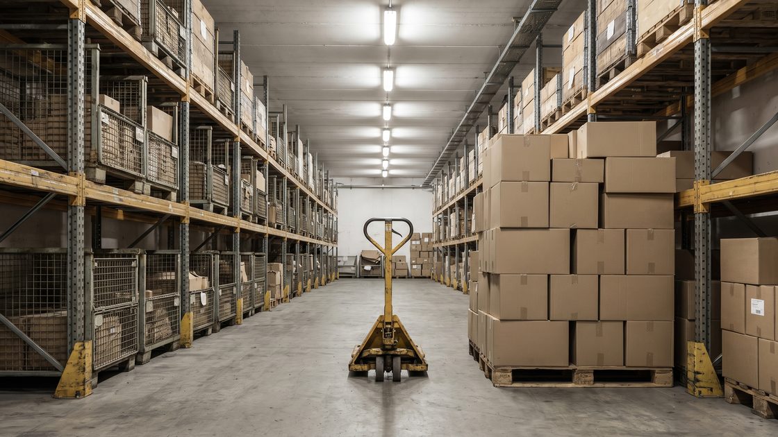 A warehouse aisle with a stack of boxes and an unattended pallet jack