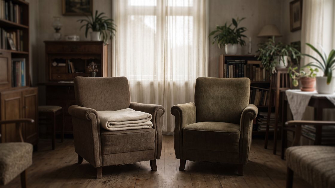 Two armchairs side by side in a quiet living room, one holding a folded blanket