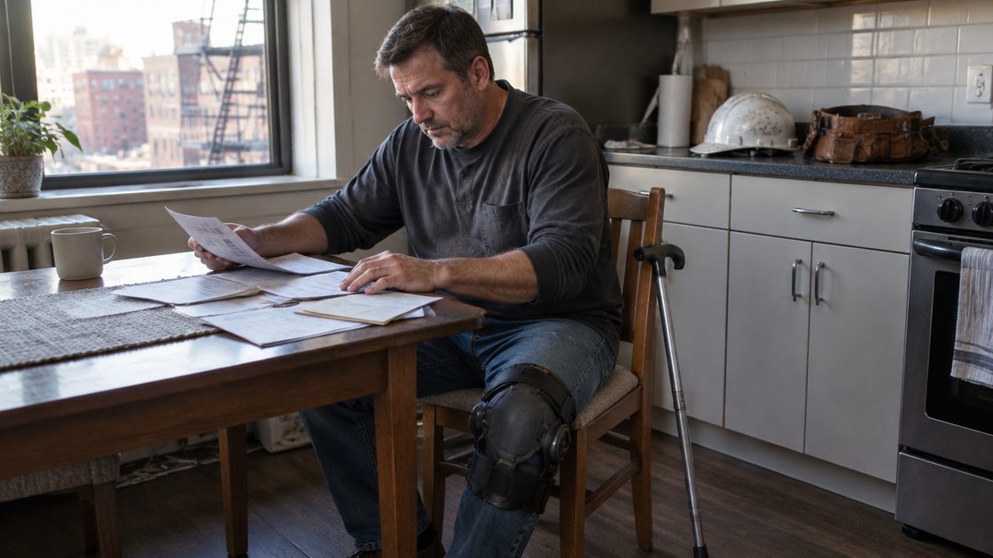 A construction worker in a knee brace sits at his kitchen table reading pay stubs, a cane beside him and his hard hat and tool belt set aside on the counter
