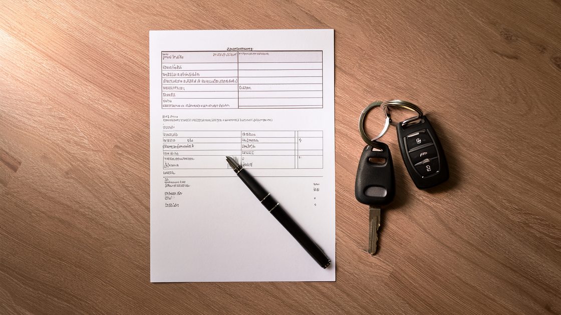 A printed accident report form on a wooden table with a pen and a set of car keys