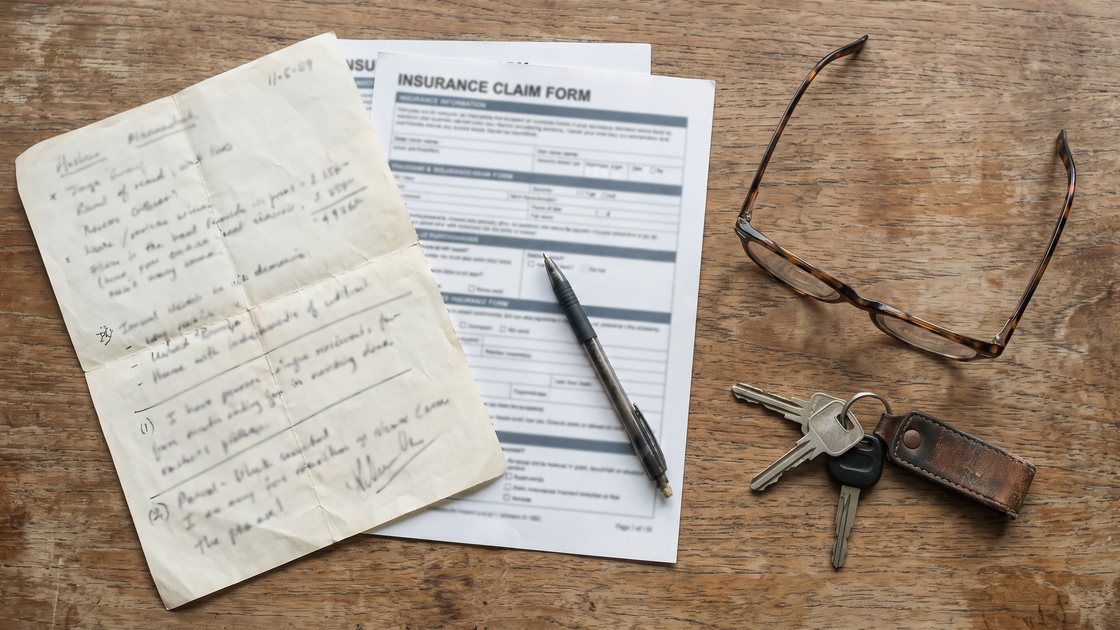 An insurance claim form, a pen, reading glasses and car keys on a table