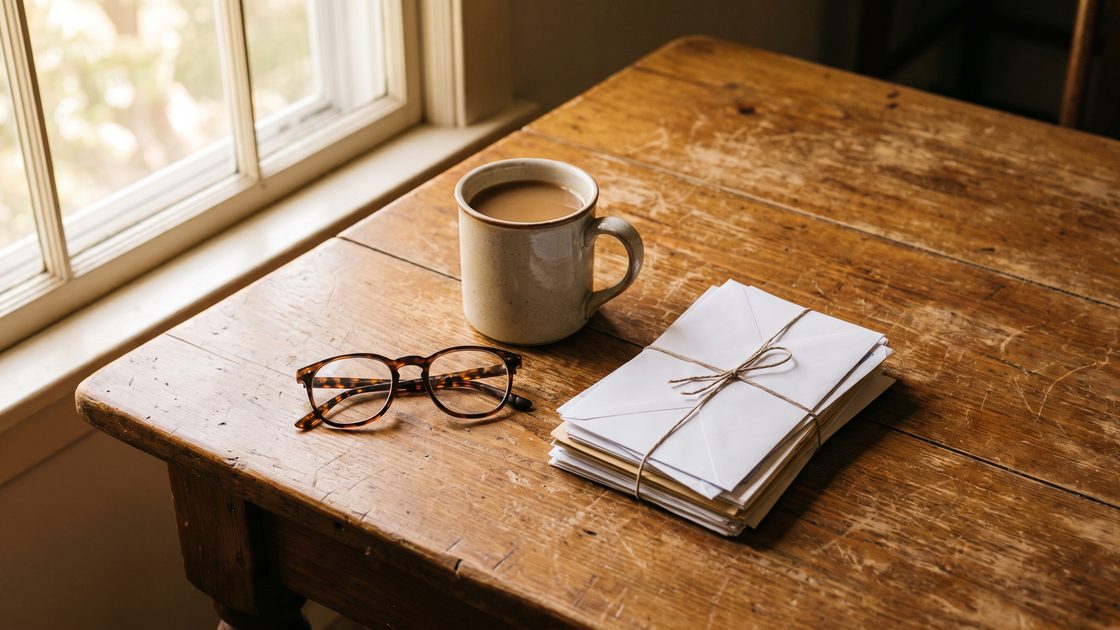 A wooden table beside a window with a bundle of unopened envelopes tied with string, a mug of coffee and reading glasses