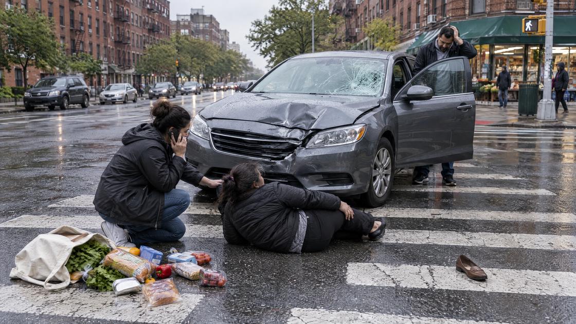 A woman lies in a Queens crosswalk in front of the gray sedan that hit her, its hood crumpled and windshield shattered, as a bystander kneels beside her calling for help and the driver stands at the open door