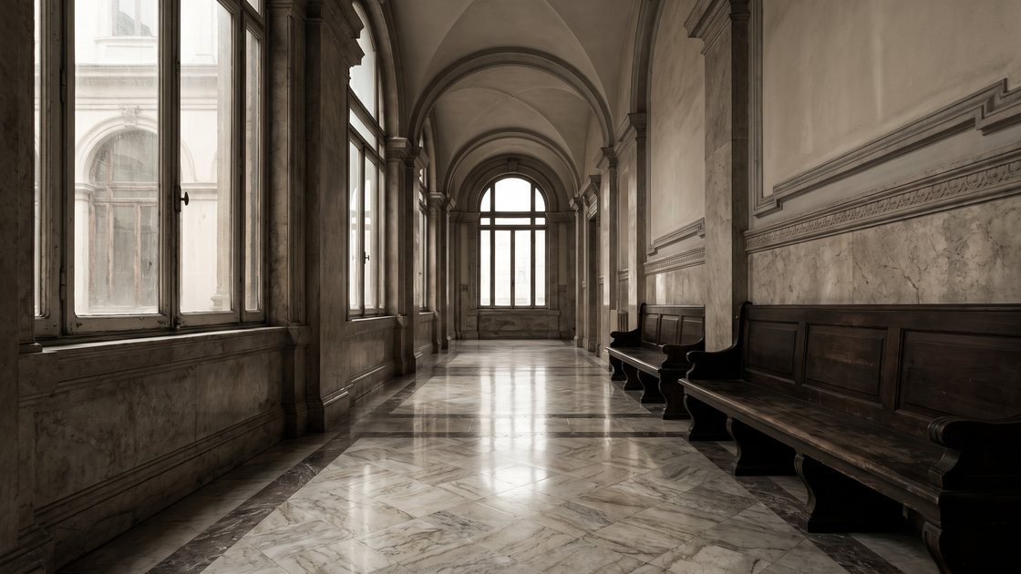 An empty courthouse corridor with tall arched windows and wooden benches