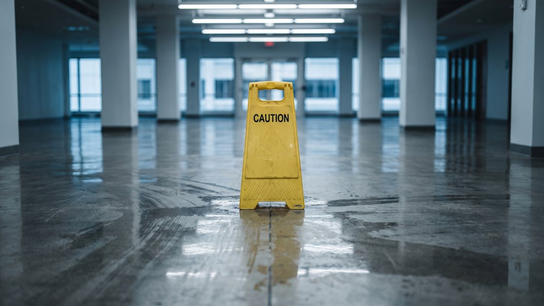 A yellow caution sign on a wet floor in an empty building lobby