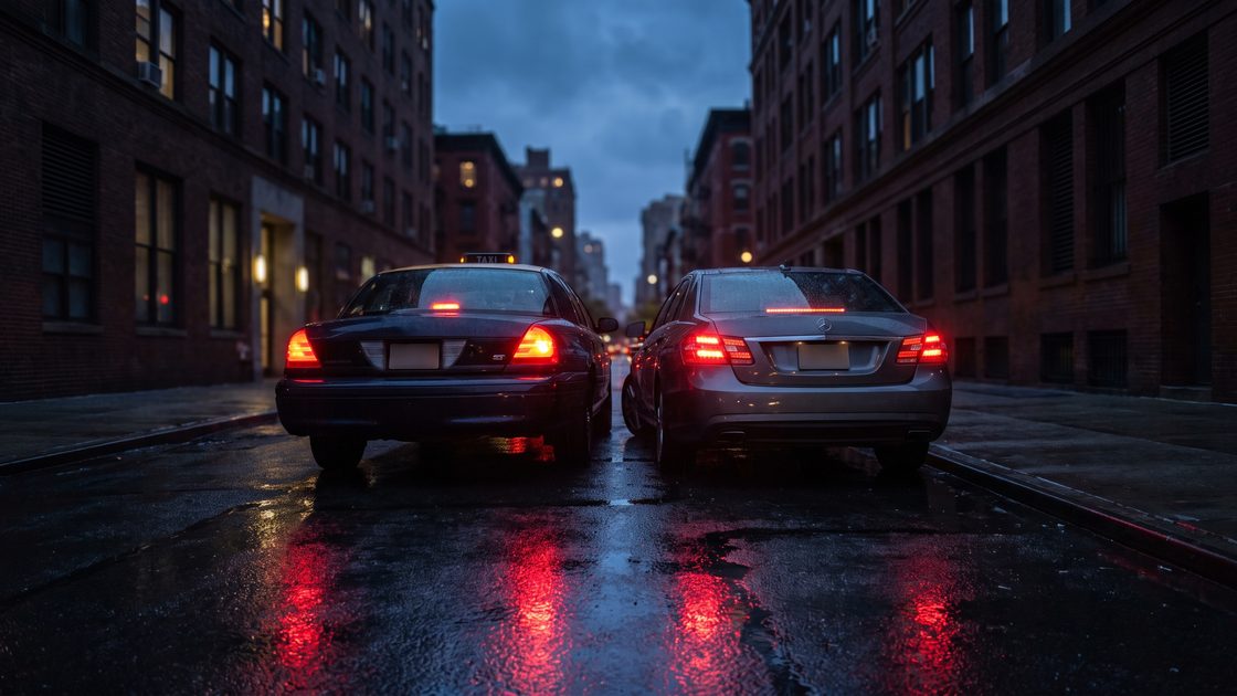 Two cars stopped on a wet New York street at dusk, tail lights reflecting on the asphalt