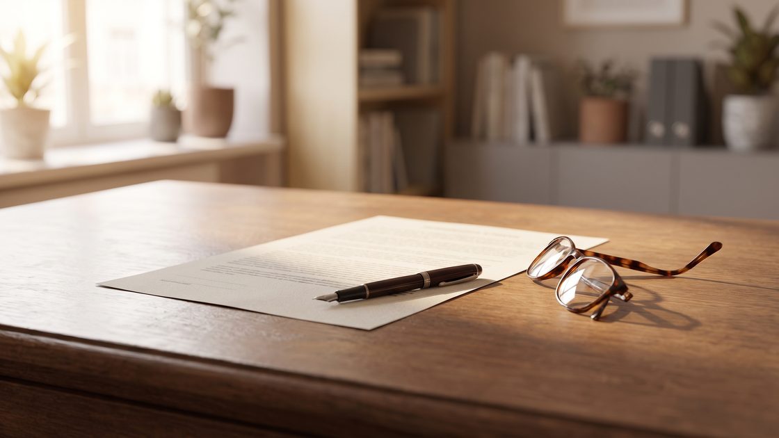 A printed document, a fountain pen and reading glasses on a wooden desk in afternoon light