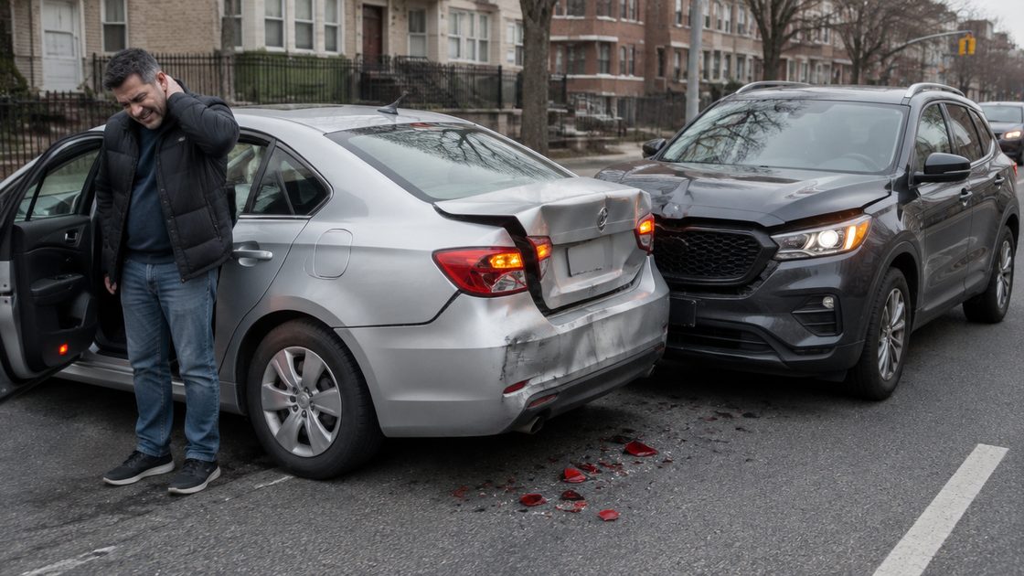 A driver holds the back of his neck beside his silver sedan, its trunk crushed by the SUV that rear-ended it, with broken taillight pieces on the street