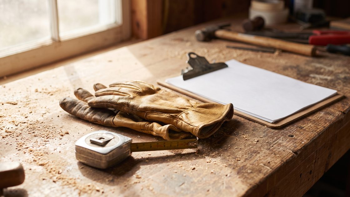 Worn leather work gloves, a tape measure and a blank clipboard on a wooden workbench in daylight