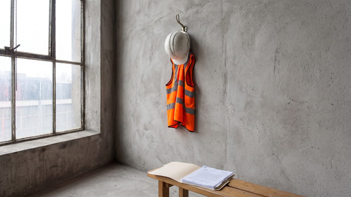 A hard hat and high-visibility vest hanging on a hook on a concrete wall, with an open folder of papers on a bench below