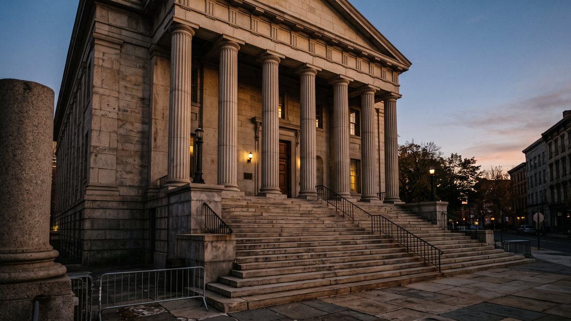 The stone steps and columns of a New York courthouse at dusk