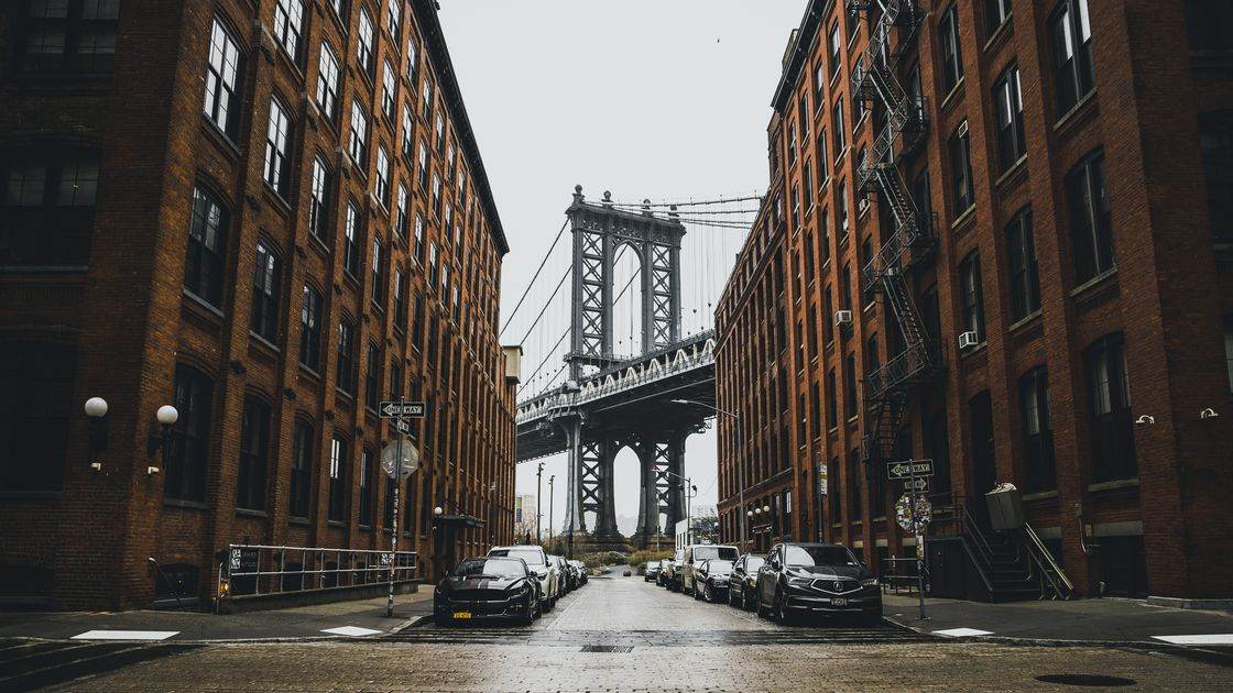 The Manhattan Bridge tower seen from Washington Street in DUMBO, Brooklyn, New York