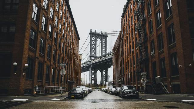 The Manhattan Bridge tower seen from Washington Street in DUMBO, Brooklyn, New York