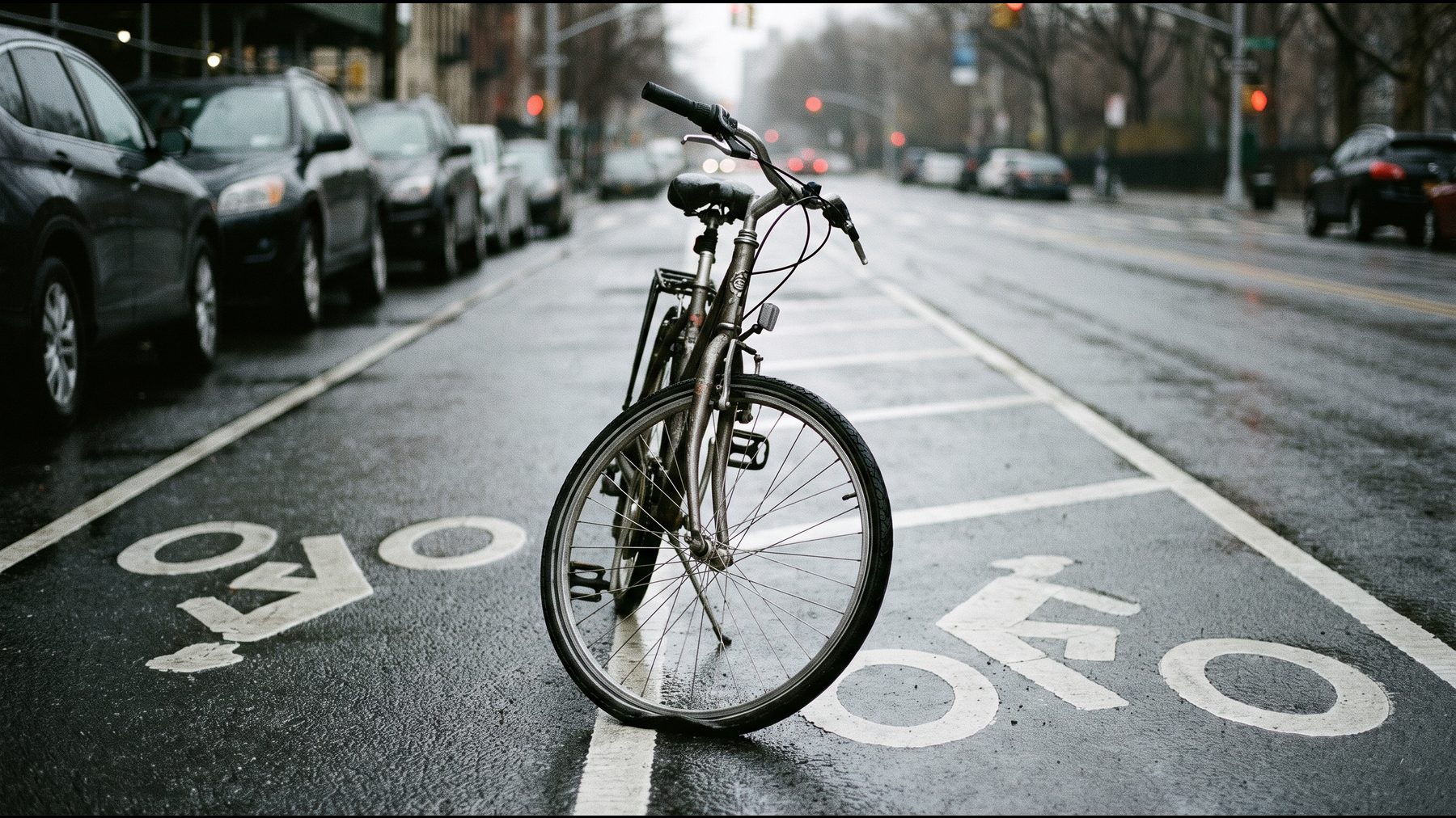 A bicycle lying on its side in a New York City bike lane on a wet street