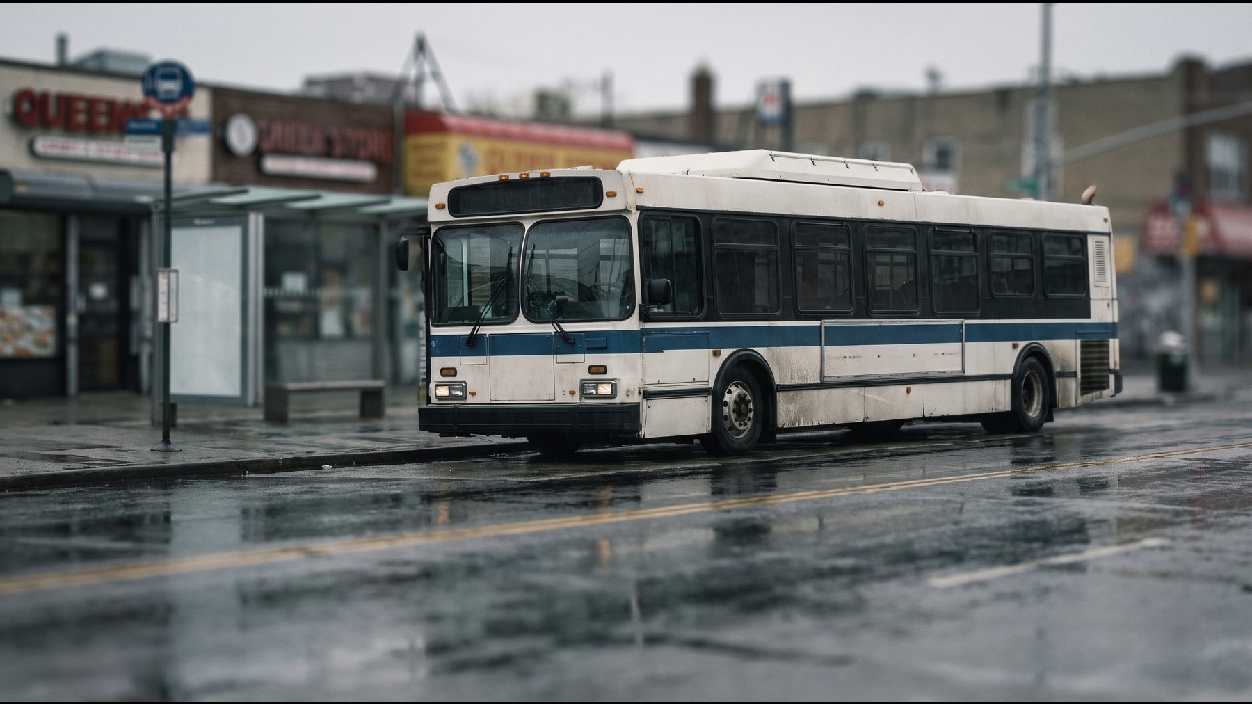 A New York City transit bus stopped at a kerb on a wet grey afternoon
