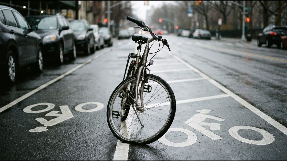 A bicycle lying on its side in a New York City bike lane on a wet street