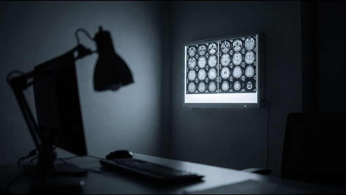 A radiologist's dark reading room with a backlit wall monitor showing a greyscale brain MRI series