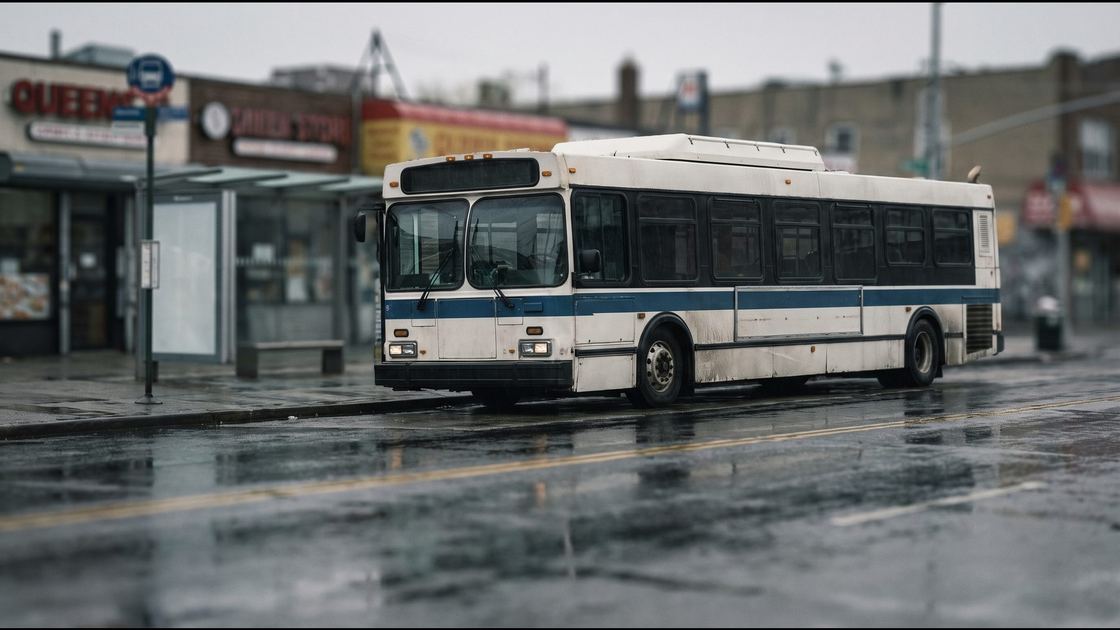 A New York City transit bus stopped at a curb on a wet gray afternoon