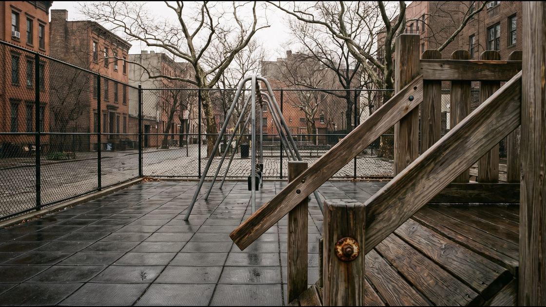 An empty New York City playground on an overcast morning with wet safety surfacing and a climbing frame