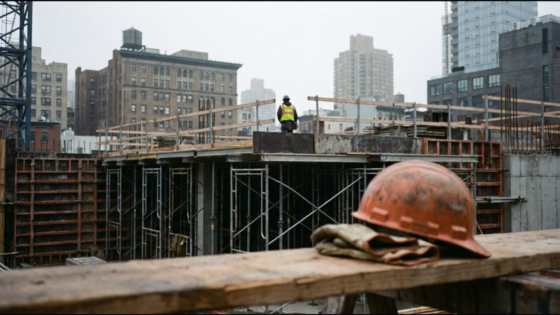 Steel scaffolding on a New York construction site with a hard hat and work gloves resting nearby