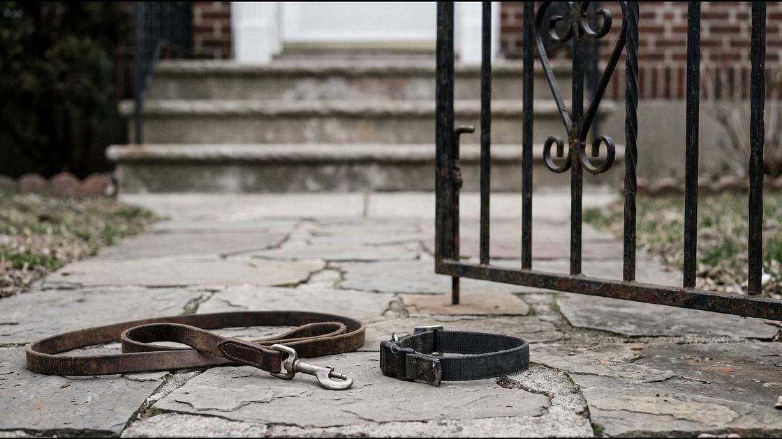 A leash and open collar lying on a Queens front path beside an unlatched garden gate