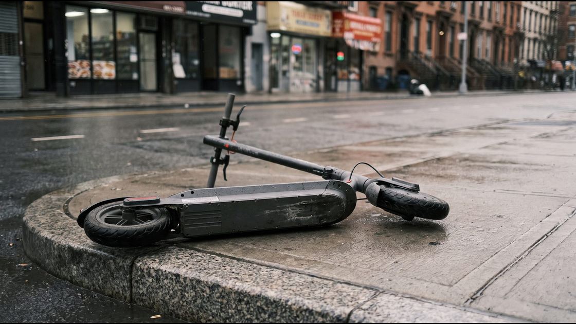A shared electric scooter tipped over on a wet New York City sidewalk beside a curb
