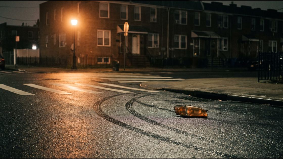 An empty Queens crosswalk at night after rain, lit by a streetlight, with skid marks across the asphalt