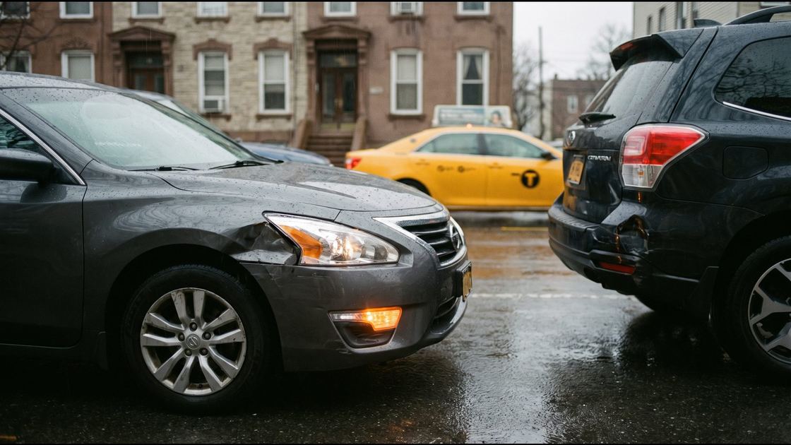 A damaged sedan with its hazard lights on after a collision on a wet Queens street, a yellow cab passing behind it