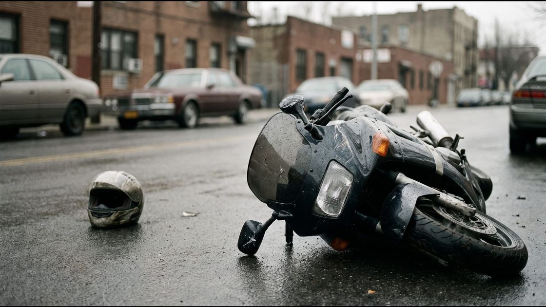 A motorcycle on its side on a wet New York City avenue with a helmet resting on the asphalt nearby