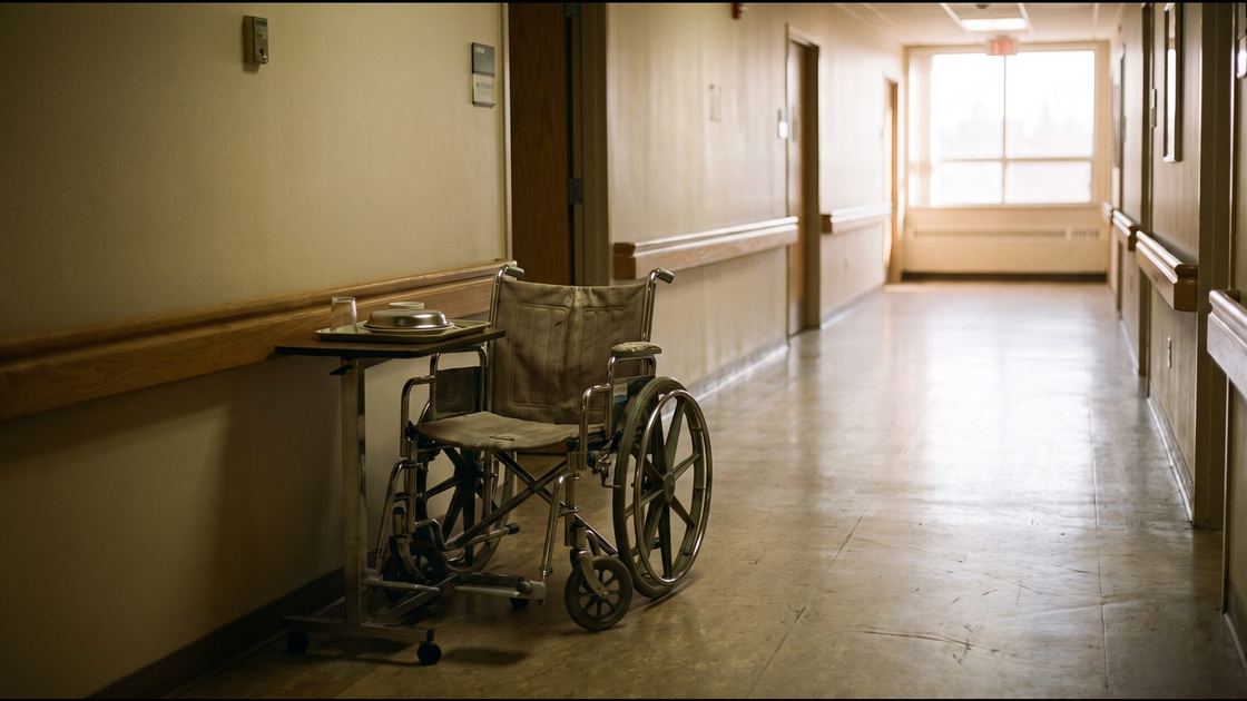 A quiet nursing home corridor in the late afternoon with an empty wheelchair beside a handrail