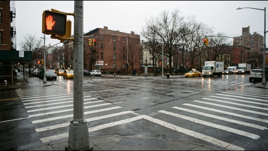 A wide New York City crosswalk on a wet gray afternoon with a pedestrian signal showing the red hand
